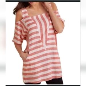 Soft Surroundings Women Linen  Blend Top XS Cold Shoulder Striped Casual